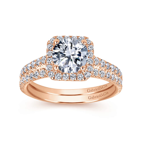 14K Rose Gold Cushion Halo Round Diamond Engagement Ring