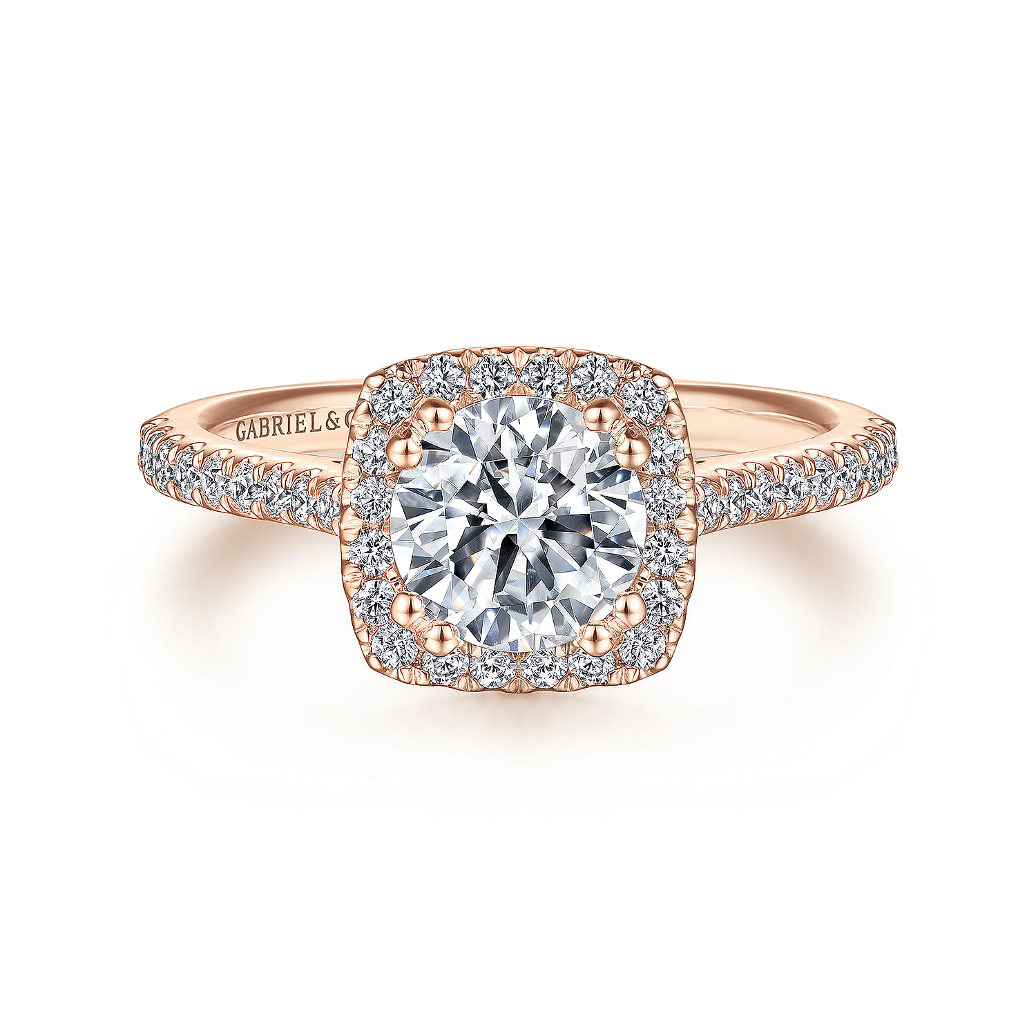 Gabriel - 14K Rose Gold Cushion Halo Round Diamond Engagement Ring