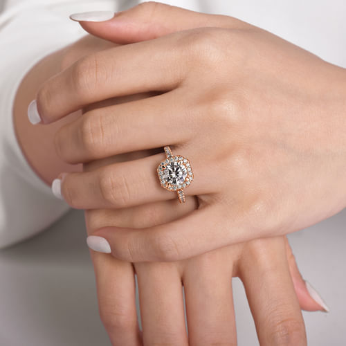 14K Rose Gold Cushion Halo Round Diamond Engagement Ring