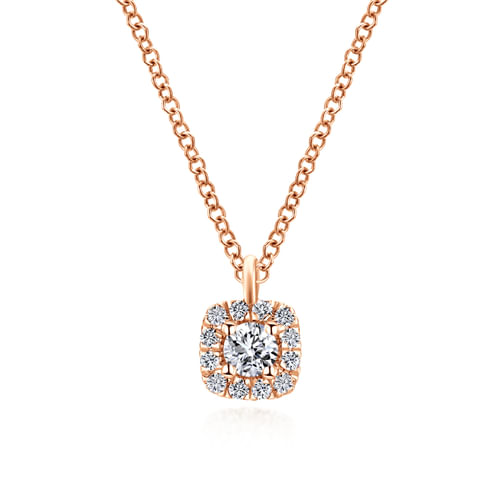 14K Rose Gold Cushion Halo Round Diamond Pendant Necklace