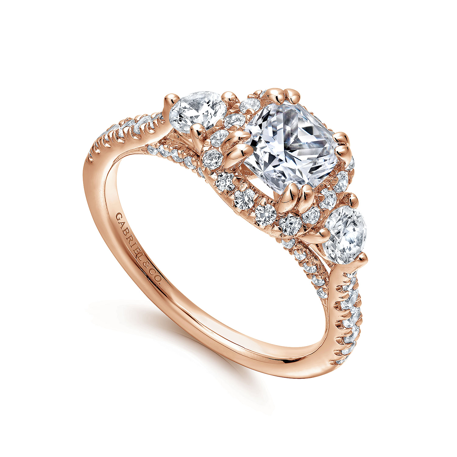 14K Rose Gold Cushion Halo Three Stone Diamond Engagement Ring