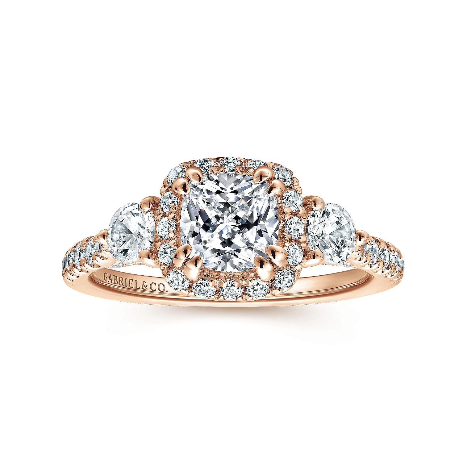 14K Rose Gold Cushion Halo Three Stone Diamond Engagement Ring