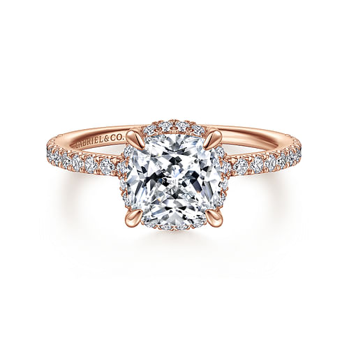 14K Rose Gold Cushion Hidden Halo Diamond Engagement Ring