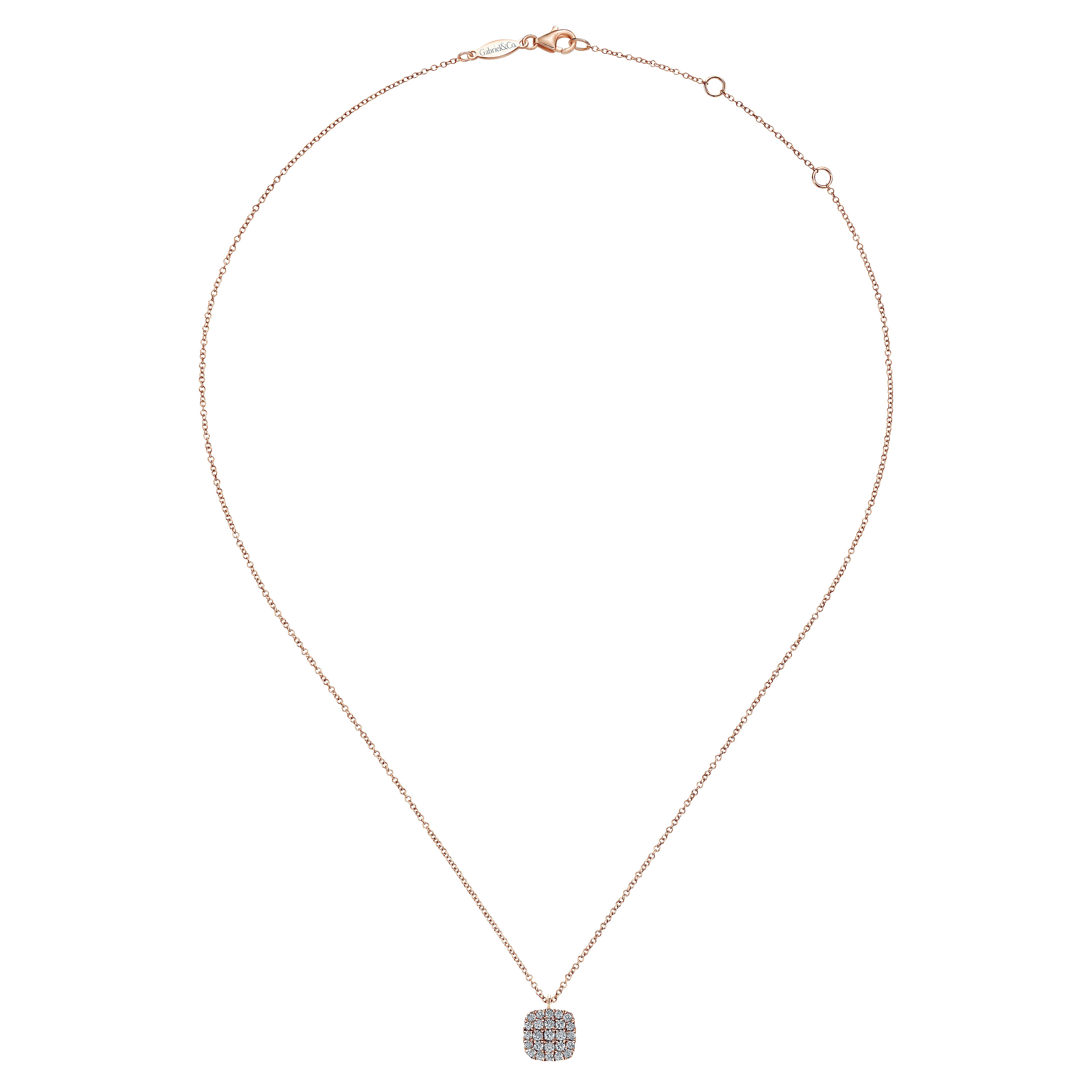 14K Rose Gold Cushion Shaped Diamond Cluster Pendant Necklace