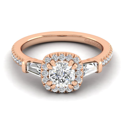 14K Rose Gold Cushion Three Stone Halo Diamond Channel Set Engagement Ring