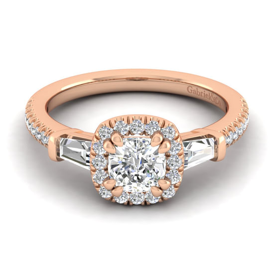 Gabriel - 14K Rose Gold Cushion Three Stone Halo Diamond Channel Set Engagement Ring
