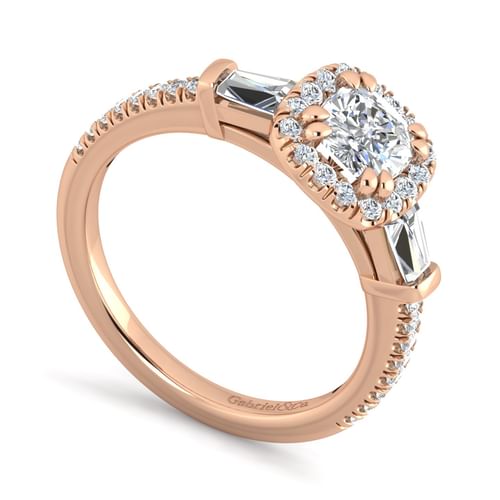 14K Rose Gold Cushion Three Stone Halo Diamond Channel Set Engagement Ring