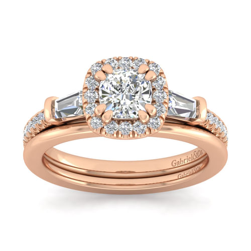 14K Rose Gold Cushion Three Stone Halo Diamond Channel Set Engagement Ring