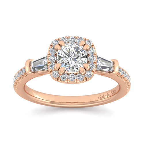 14K Rose Gold Cushion Three Stone Halo Diamond Channel Set Engagement Ring