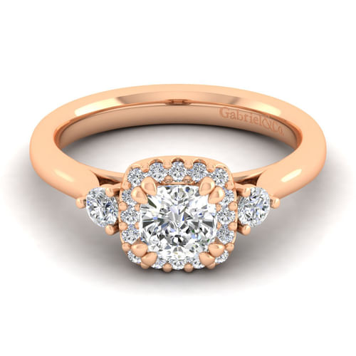 14K Rose Gold Cushion Three Stone Halo Diamond Engagement Ring