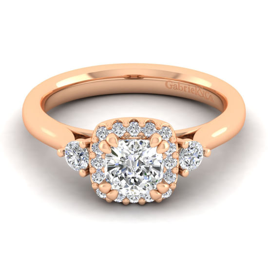 Gabriel - 14K Rose Gold Cushion Three Stone Halo Diamond Engagement Ring