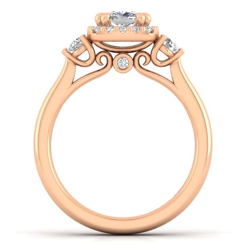 14K Rose Gold Cushion Three Stone Halo Diamond Engagement Ring
