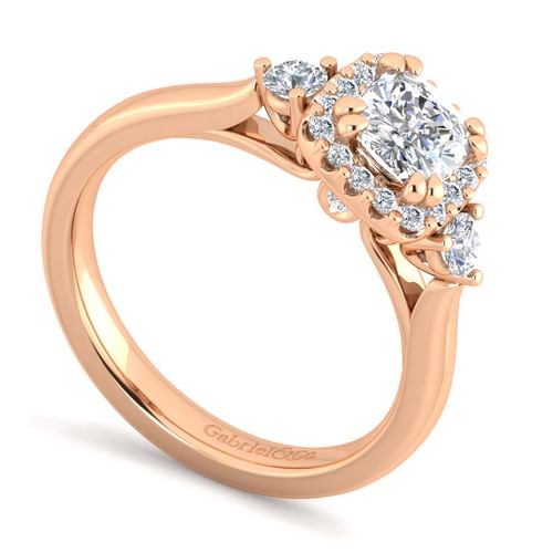 14K Rose Gold Cushion Three Stone Halo Diamond Engagement Ring