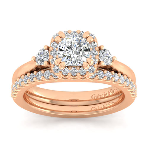 14K Rose Gold Cushion Three Stone Halo Diamond Engagement Ring