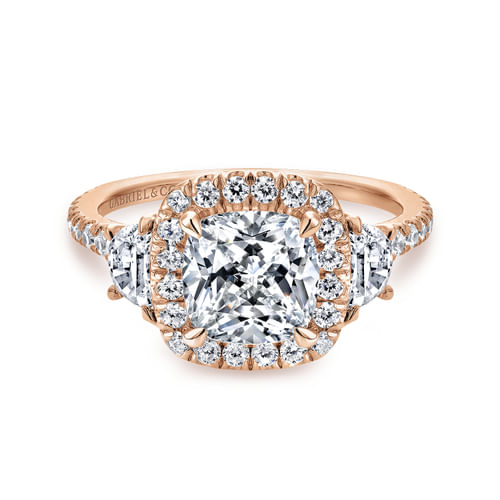 14K Rose Gold Cushion Three Stone Halo Diamond Engagement Ring