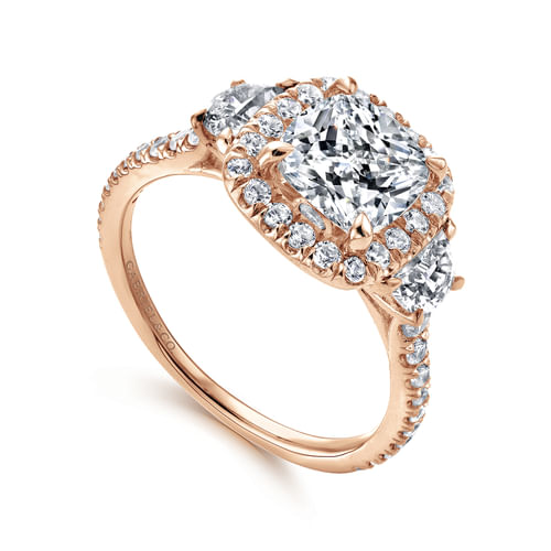 14K Rose Gold Cushion Three Stone Halo Diamond Engagement Ring