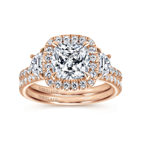 14K Rose Gold Cushion Three Stone Halo Diamond Engagement Ring