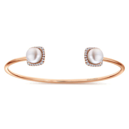 14K Rose Gold Diamond & Cultered Pearl Bangle