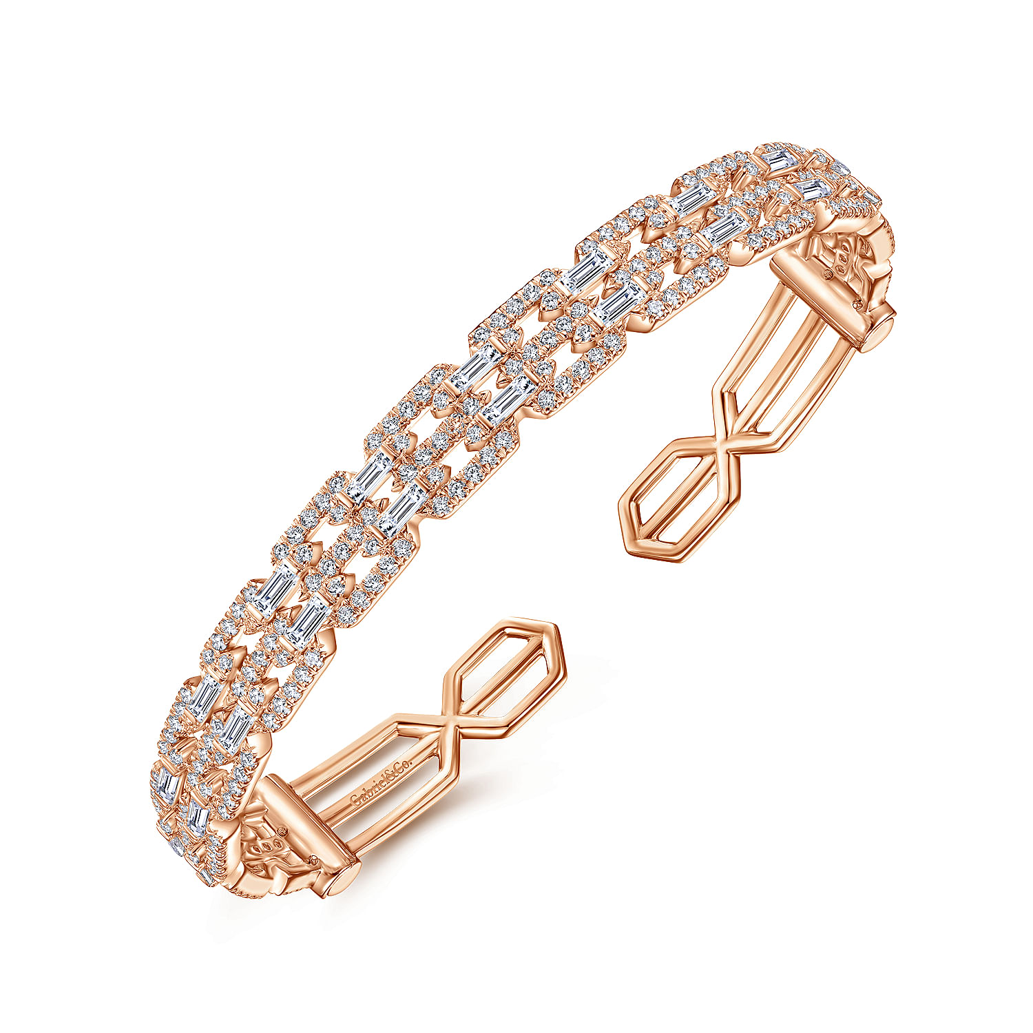 14K Rose Gold Diamond Chain Link Cuff Bracelet with Diamond Baguette Spacers
