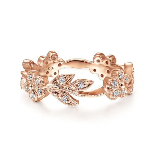 14K Rose Gold Diamond Floral Contoured Stackable Ring