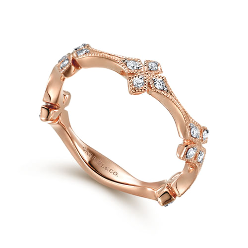 14K Rose Gold Diamond Floral Station Stackable Ring