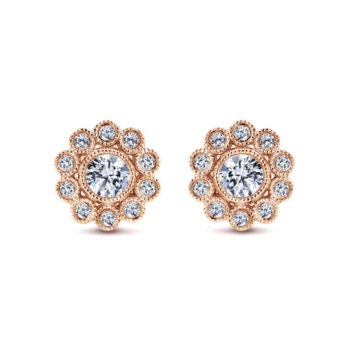 14K Rose Gold Diamond Flower Stud Earrings