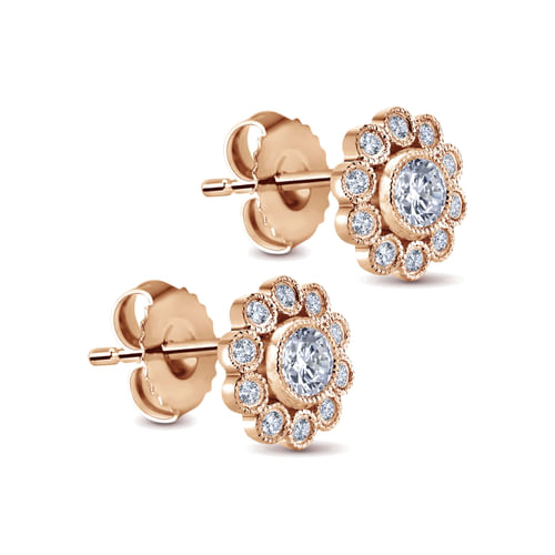 14K Rose Gold Diamond Flower Stud Earrings