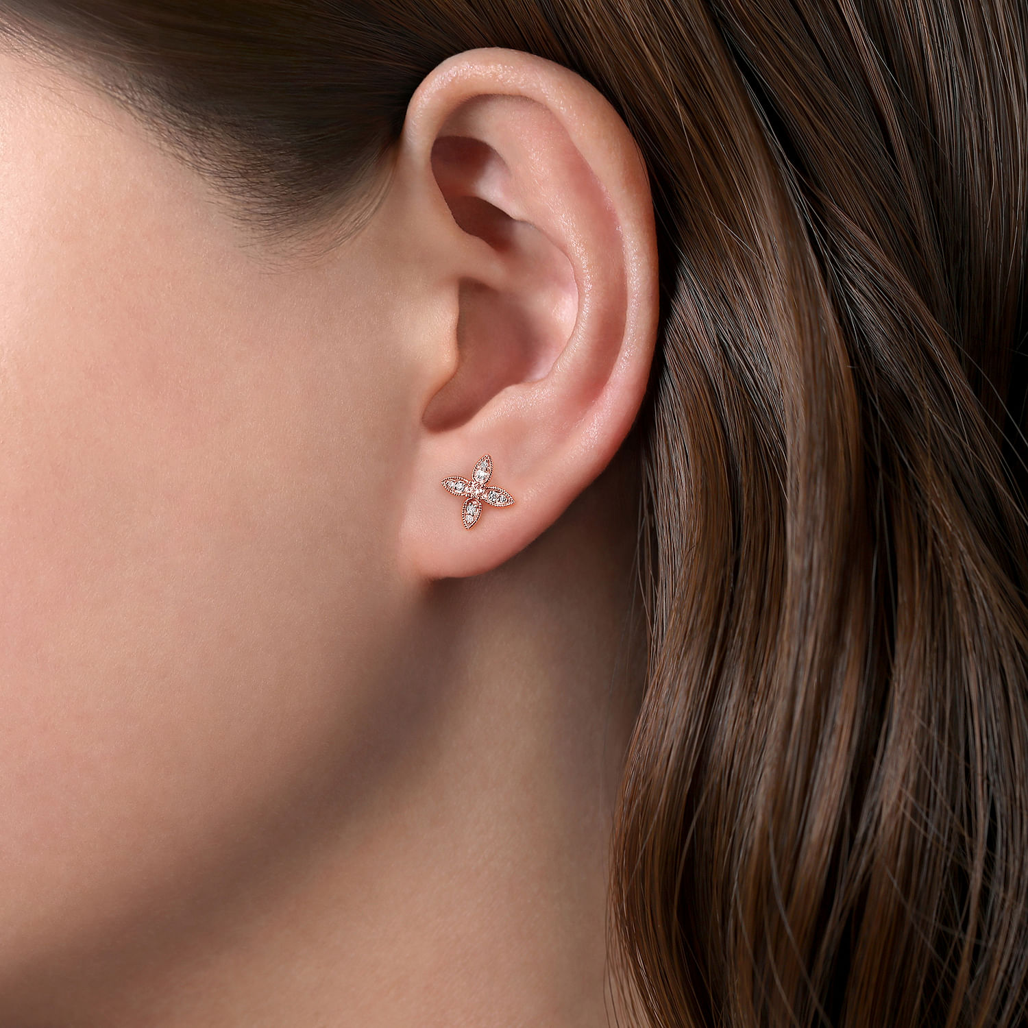 14K Rose Gold Diamond Flower Stud Earrings