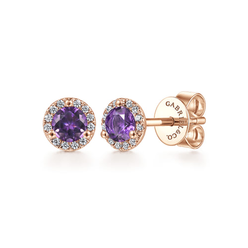 14K Rose Gold Diamond Halo Amethyst Stud Halo Stud Earrings 14K Rose Gold Diamond Halo Amethyst Stud Halo Stud Earrings