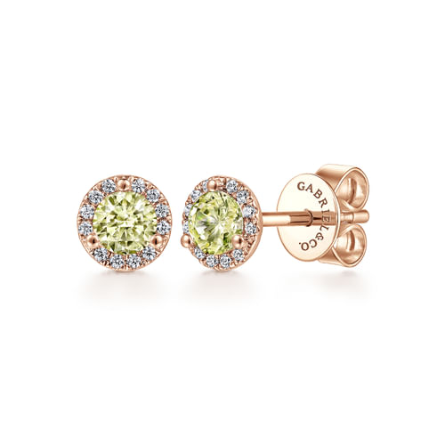 14K Rose Gold Diamond Halo Lemon Quartz Stud Earrings