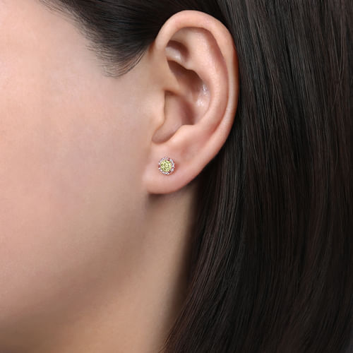 14K Rose Gold Diamond Halo Lemon Quartz Stud Earrings