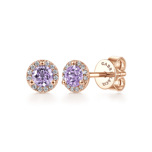 14K Rose Gold Diamond Halo Pink Amethyst Stud Earrings 14K Rose Gold Diamond Halo Pink Amethyst Stud Earrings