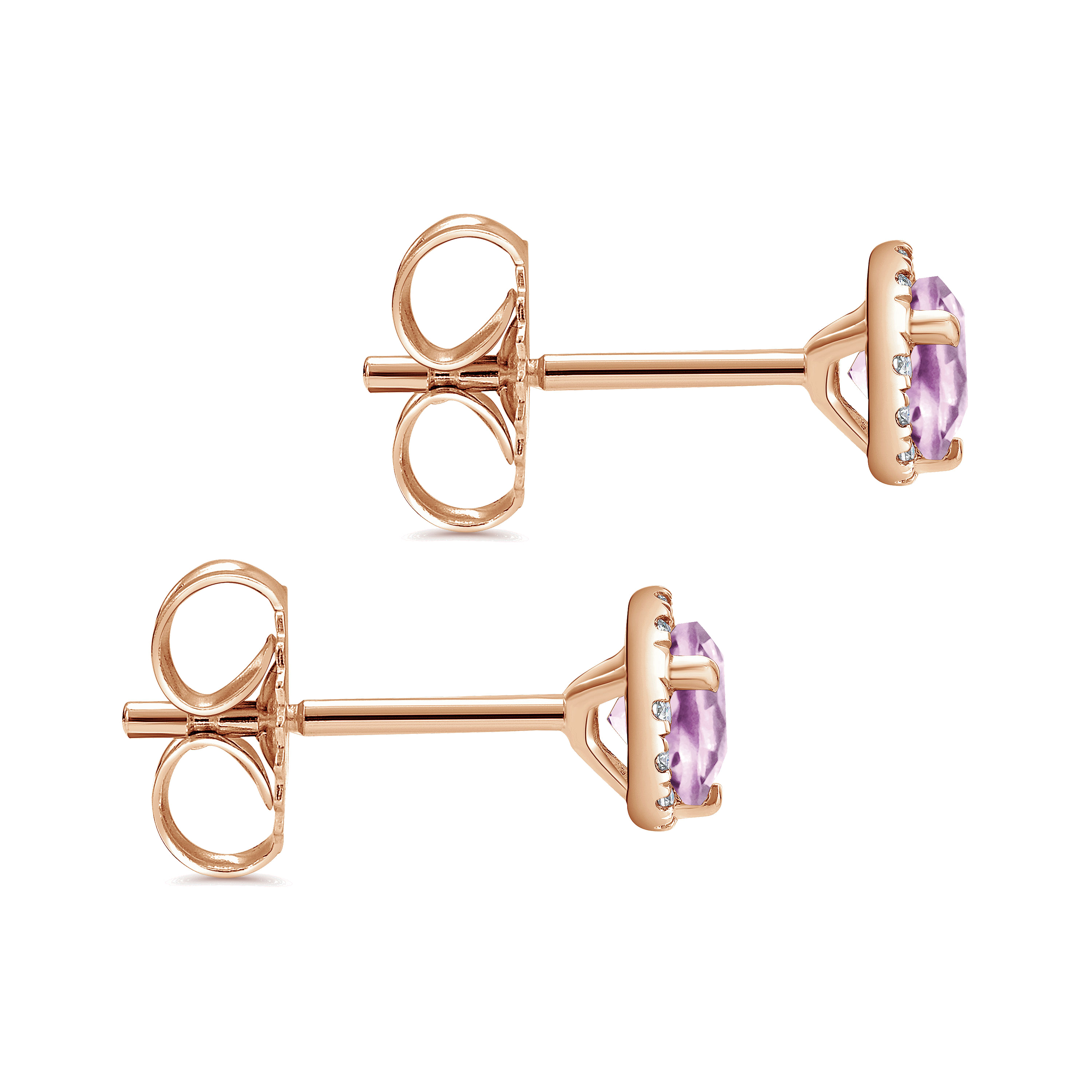 14K Rose Gold Diamond Halo Pink Amethyst Stud Earrings