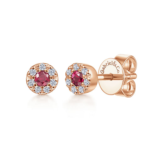 14K Rose Gold Diamond Halo Ruby Stud Earrings