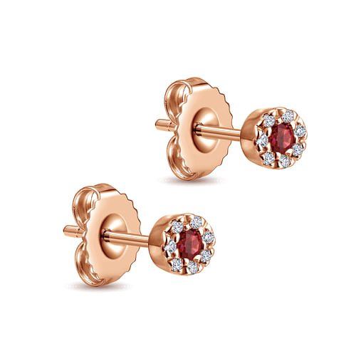 14K Rose Gold Diamond Halo Ruby Stud Earrings