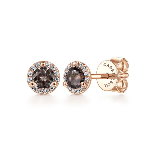 14K Rose Gold Diamond Halo Smoky Quartz Stud Earrings