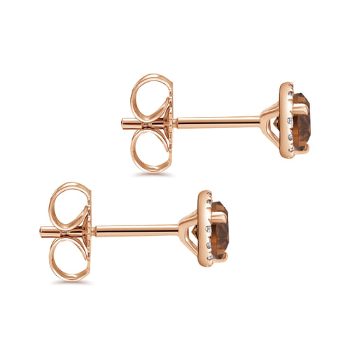 14K Rose Gold Diamond Halo Smoky Quartz Stud Earrings