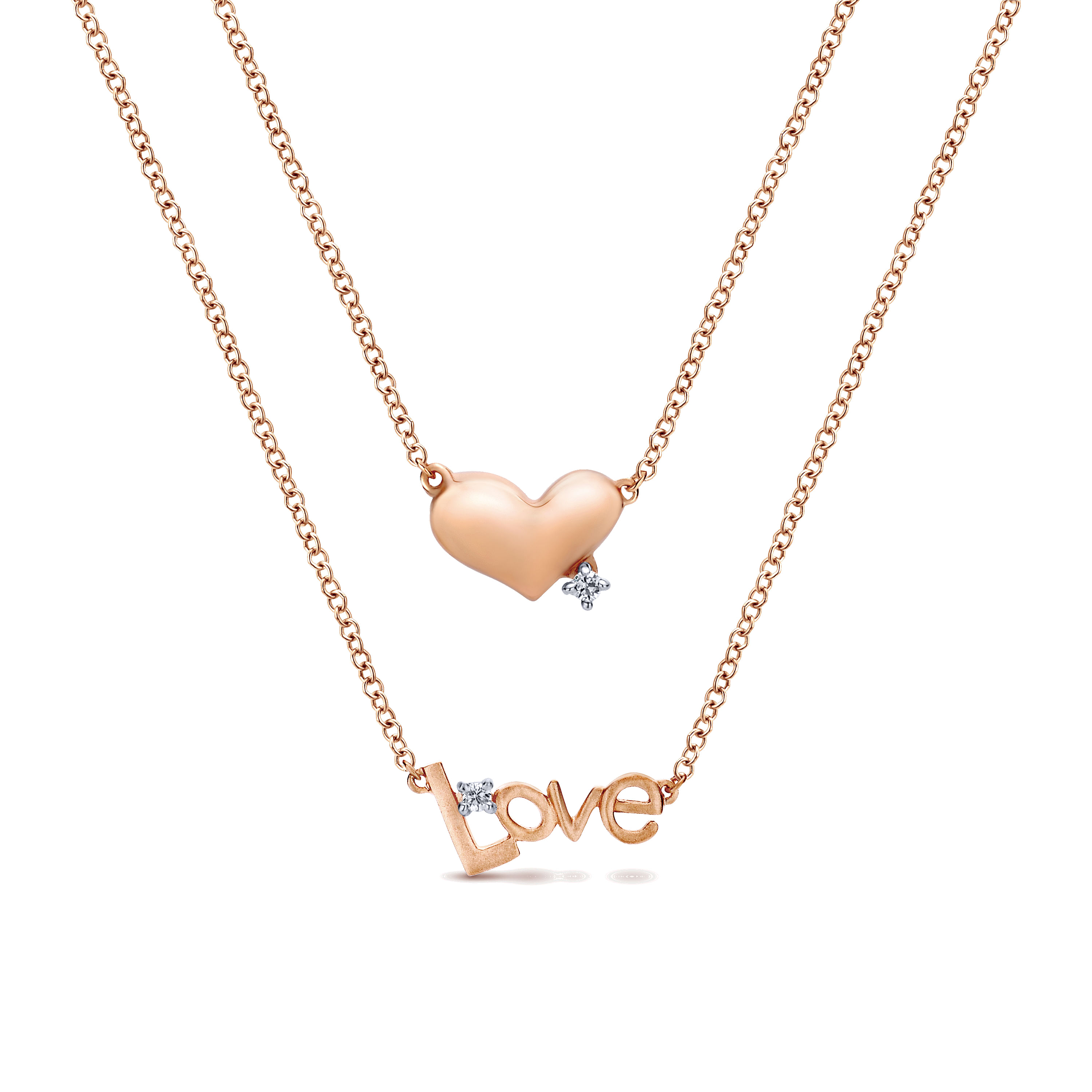 14K Rose Gold Diamond Heart and LOVE Initial Diamond Layered Pendant Necklace