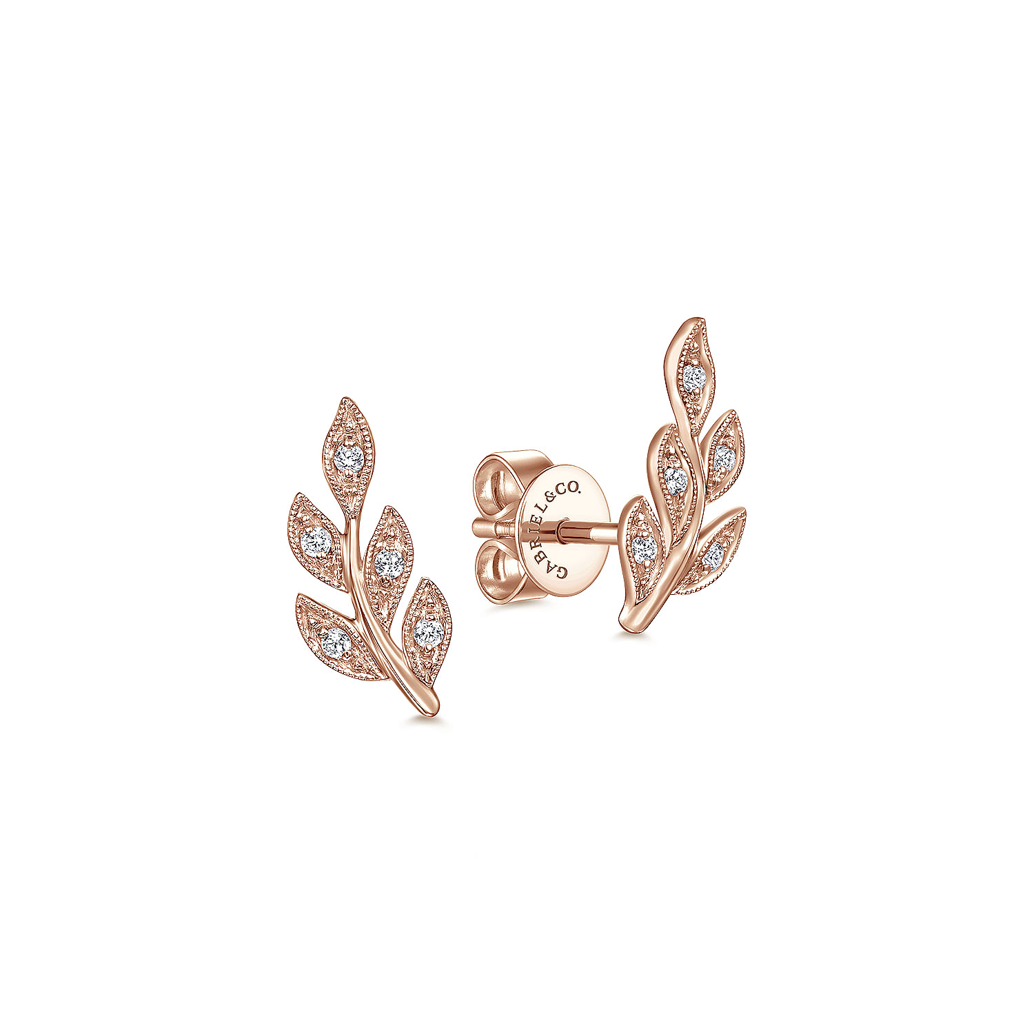 14K Rose Gold Diamond Leaf Stud Earrings