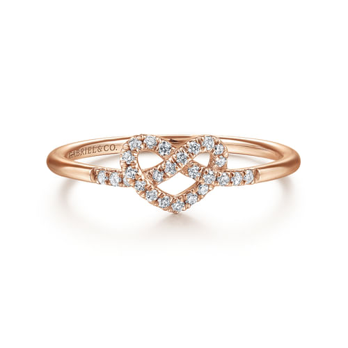 14K Rose Gold Diamond Pretzel Love Knot Heart Ring