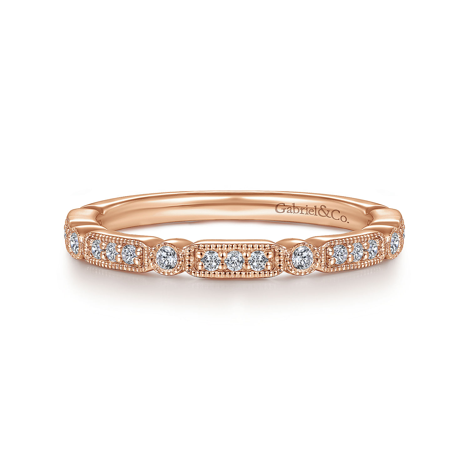 14K Rose Gold Diamond Station Stackable Anniversary Band with Milgrain