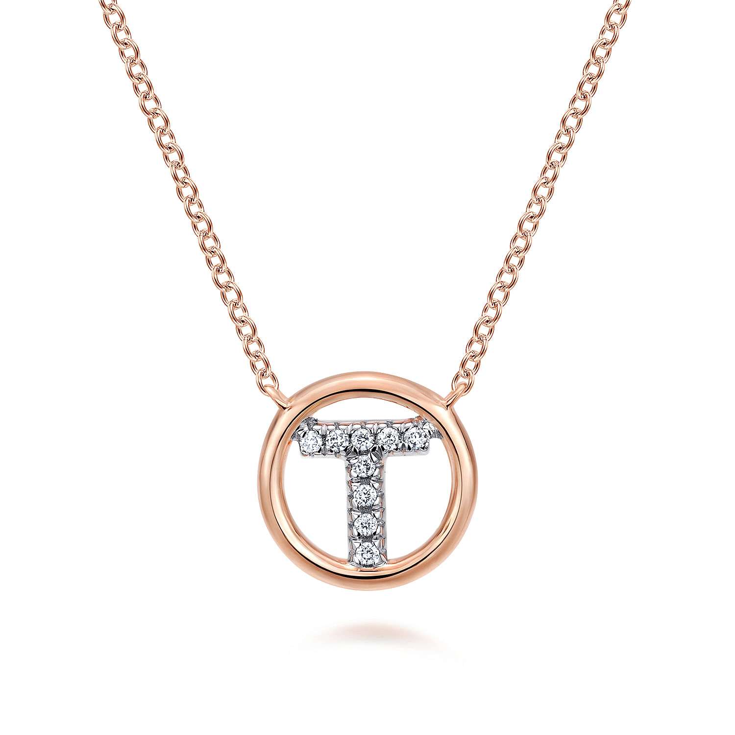 14K Rose Gold Diamond T Initial Pendant Necklace