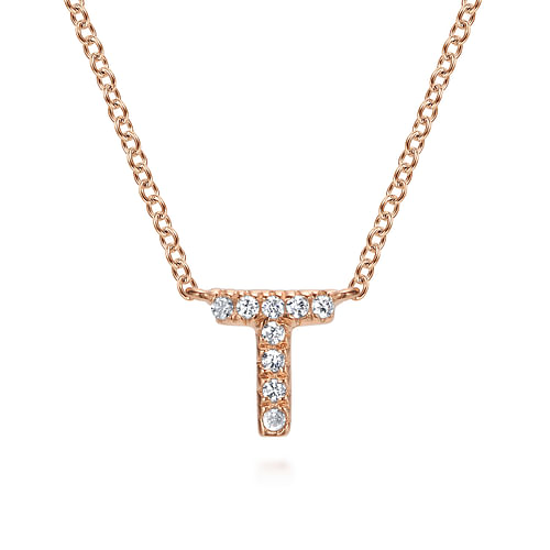 14K Rose Gold Diamond T Initial Pendant Necklace