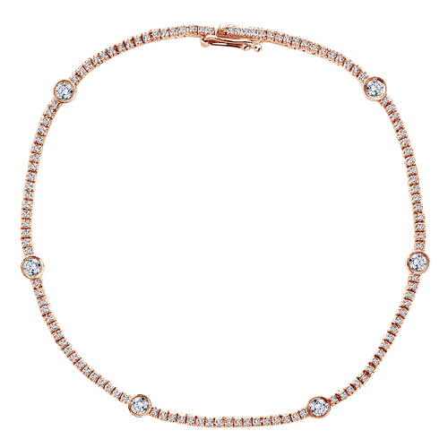 14K Rose Gold Diamond Tennis Bracelet with Bezel Set Diamond Stations