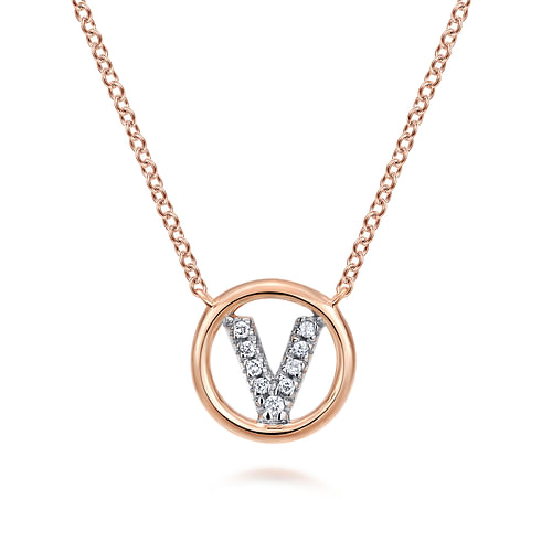 14K Rose Gold Diamond V Initial Pendant Necklace