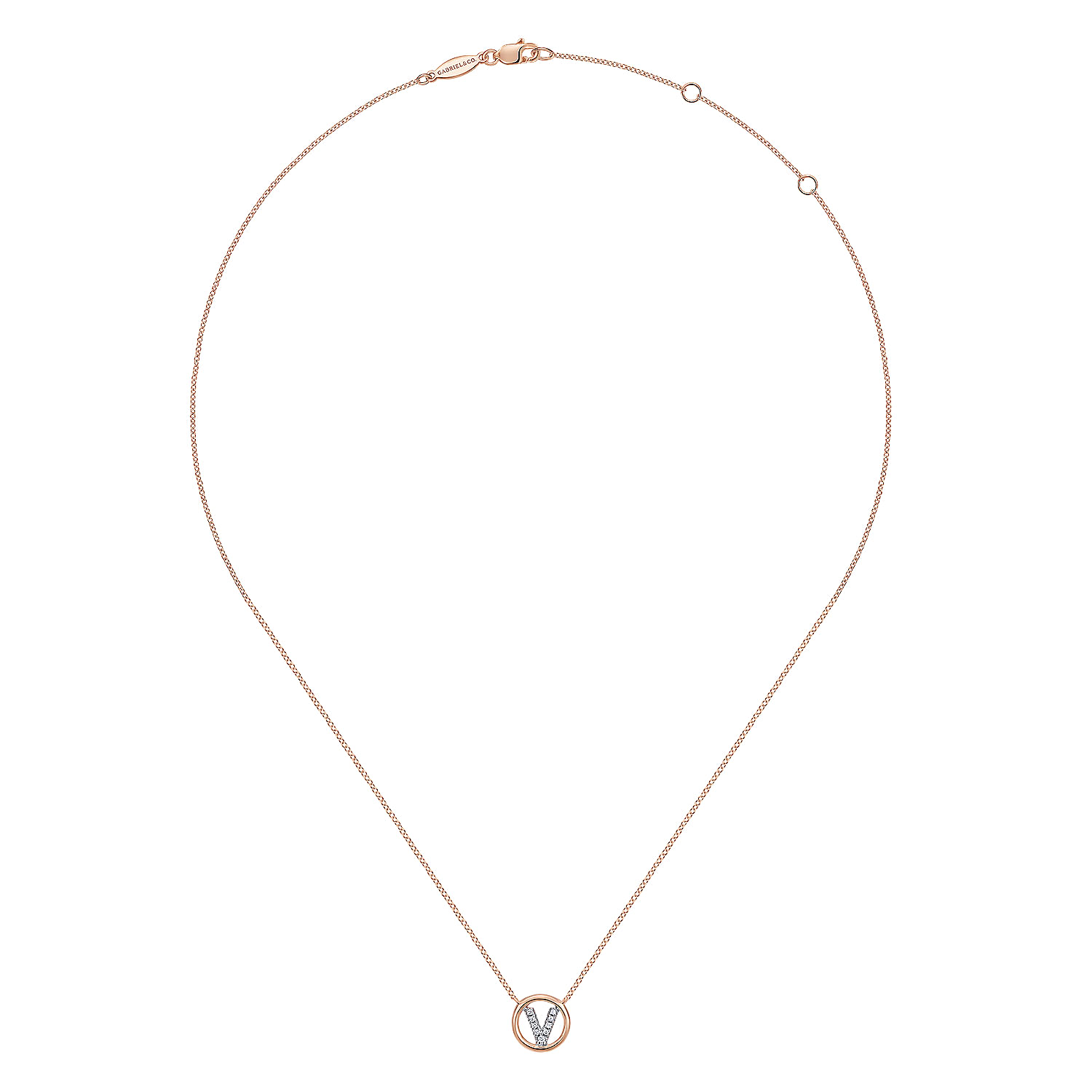 14K Rose Gold Diamond V Initial Pendant Necklace