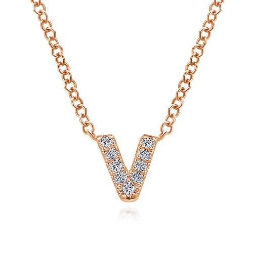 14K Rose Gold Diamond V Initial Pendant Necklace