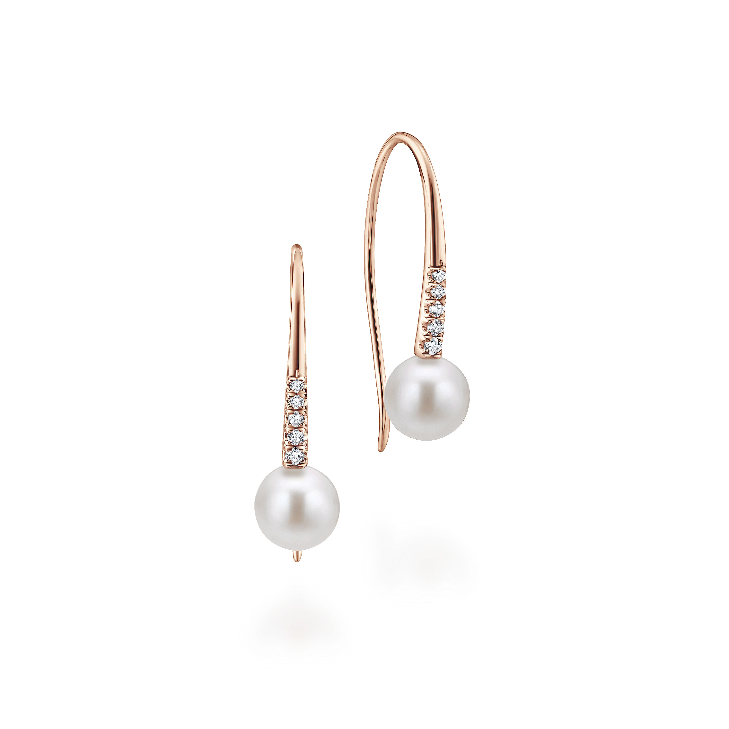14K Rose Gold Diamond and Pearl Fish Wire Drop Earrings
