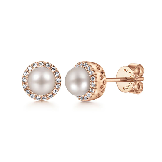 Gabriel - 14K Rose Gold Diamond and Pearl Halo Stud Earrings