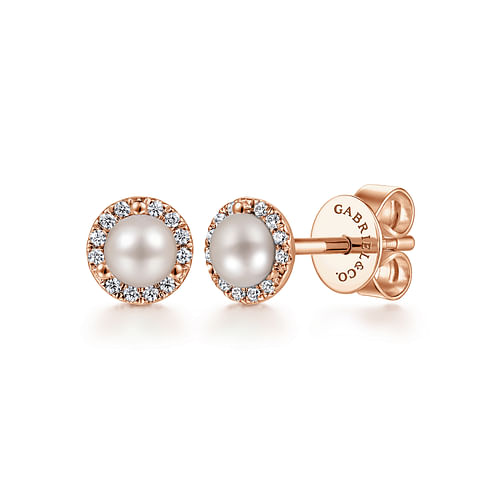 14K Rose Gold Diamond and Pearl stud Earrings